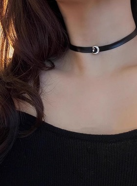 月亮太阳镶钻黑色皮绳项链女颈带高级感轻奢甜酷choker项圈锁骨链