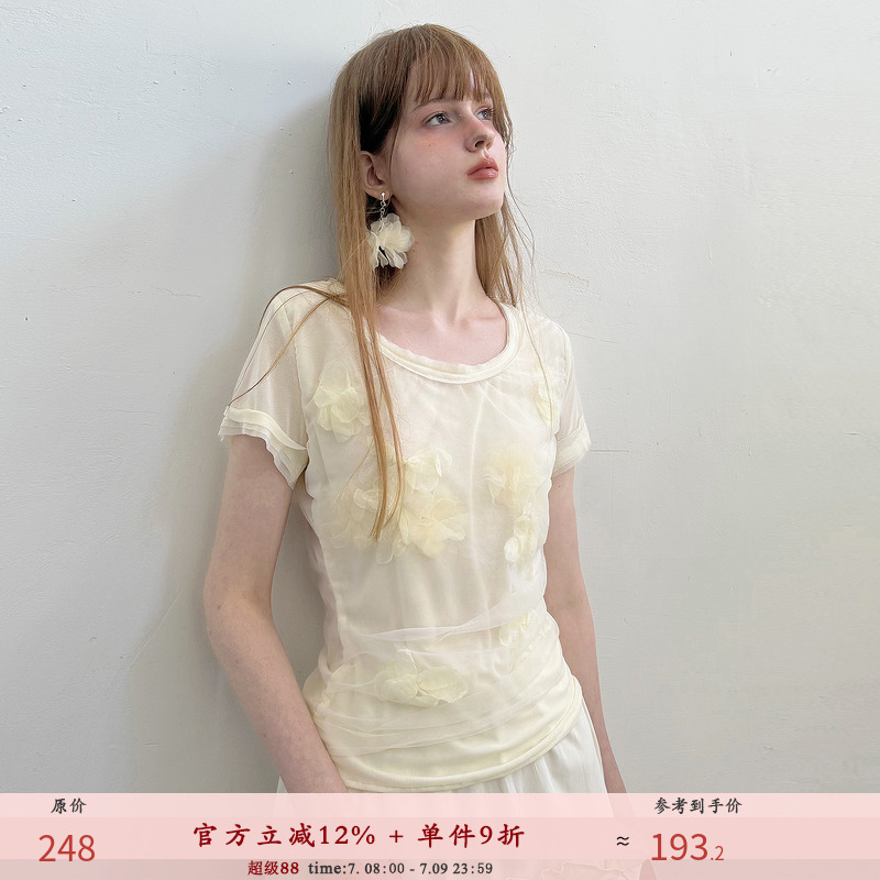 俗集甜美花朵设计感短袖T恤上衣