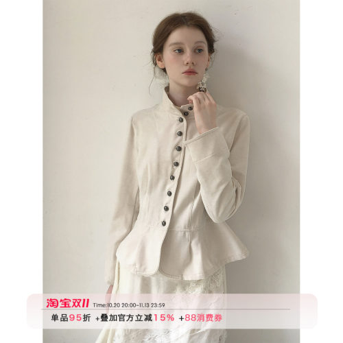 法式立领排扣复古修身短外套女