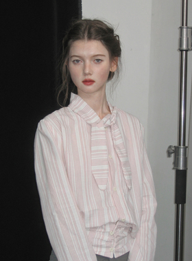 俗集原创 腰封式围巾减龄短款条纹衬衫设计感上衣衬衣