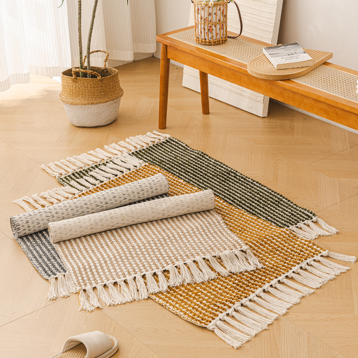 北欧风手工编织流苏地垫家用棉质雪尼尔吸水小地毯可机洗床边脚垫