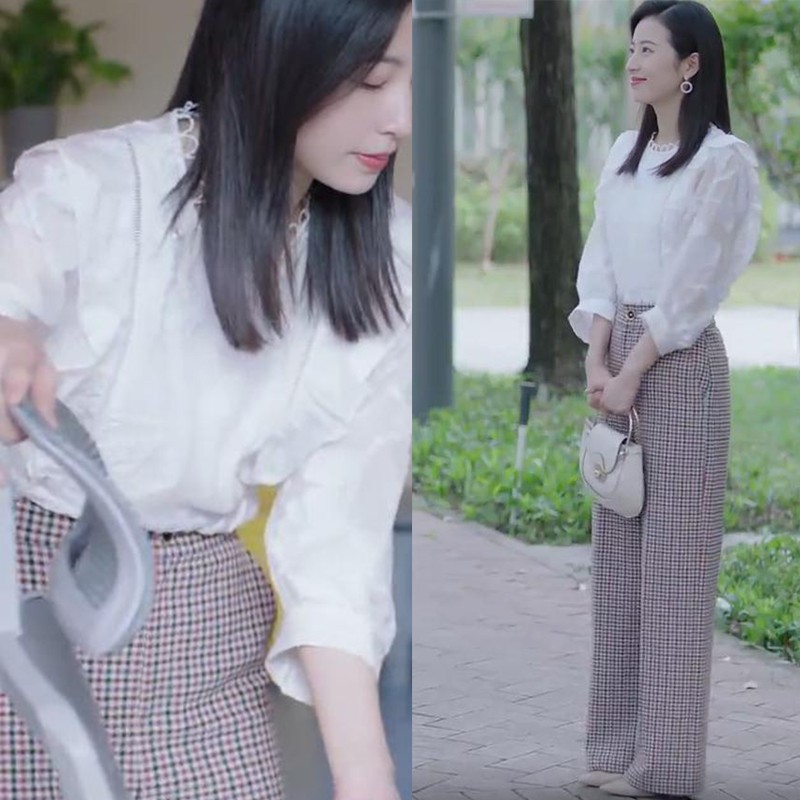 从结婚开始恋爱鹿方宁周雨彤同款白色印花衬衫格子阔腿裤长裤秋冬