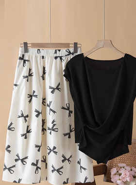 韩系两件套！圆领包肩袖收腰T恤+印花中长款半身裙套装女H05343