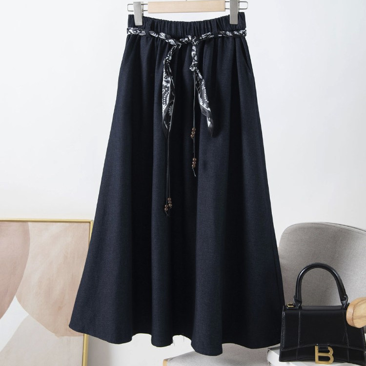 秋季bao款！亲肤质感牛仔高腰A字中长款 配丝巾半身裙女 J00423