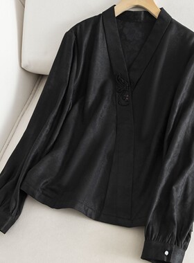 香云纱！新中式国风暗扣交叠领真丝衬衫女宽松显瘦百搭上衣Z03213