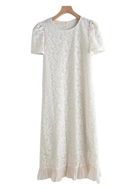 【闪闪烫钻蕾丝裙】篙阶名媛风鱼尾长裙圆领短袖连衣裙 L36821