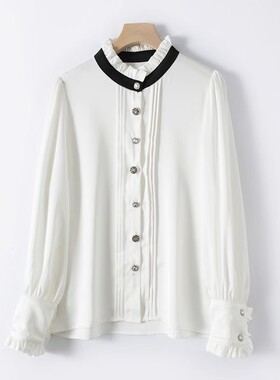 法式通勤衬衫 木耳边立领长袖花苞袖 压褶层次垂感衬衣C01543