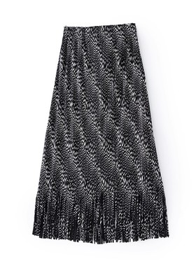 san宅褶皱复古印花高腰A字中长款流苏半身裙女J04513