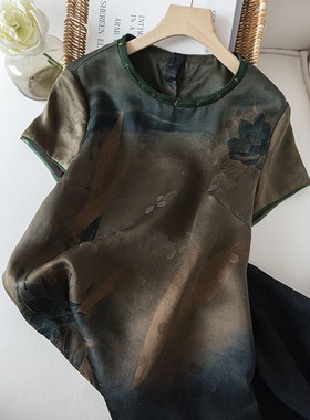 清凉奢华香云纱！国风气质印花重工手缝串珠宽松真丝连衣裙F15413