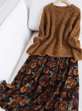 中长款复古玫瑰花半身裙+镂空宽松针织毛衣两件套时尚套装H19543