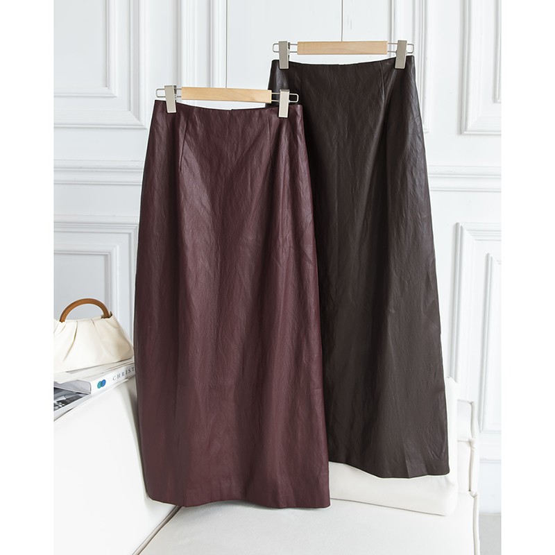 奢感港风~挺括柔韧环保pu皮 高腰中长款下开叉复古半身裙J13843