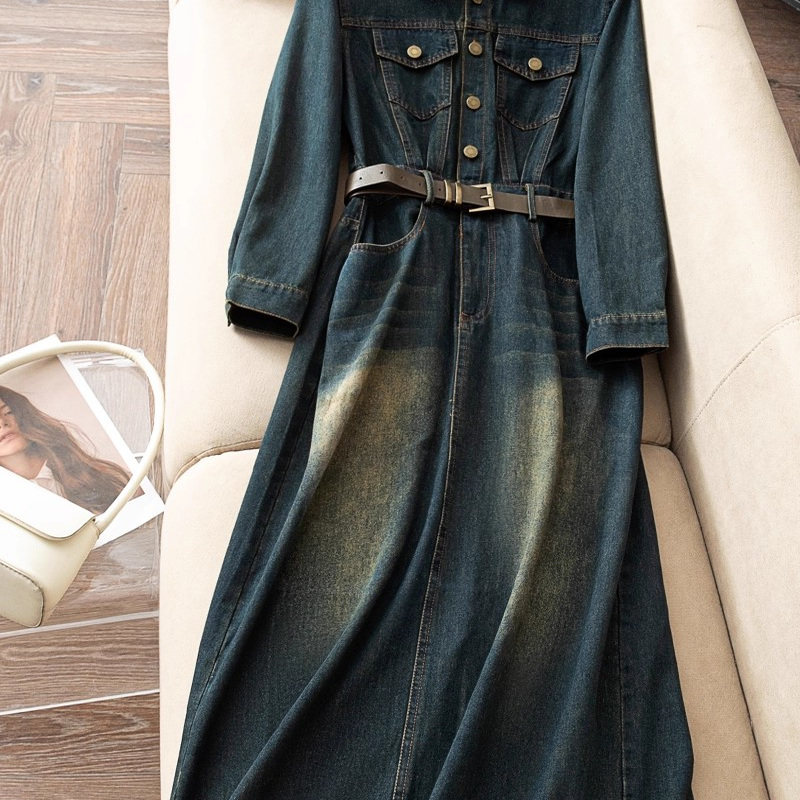 港风牛仔连衣裙 气质丹宁风美式设计长裙 L01643