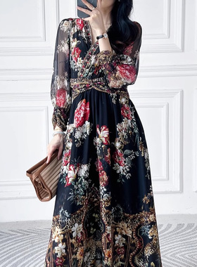 浪漫印花V领烫钻收腰桑蚕丝连衣裙 F14823