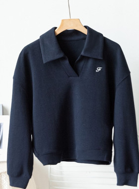 复古美式~干练开口翻领 字母刺绣点缀宽松纯色系含棉卫衣女C01012