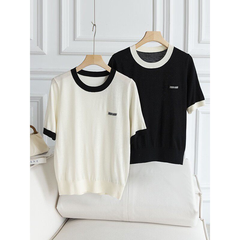 日常简洁撞色黑白系~亲肤chao细羊毛圆领短袖薄款针织衫女M04352