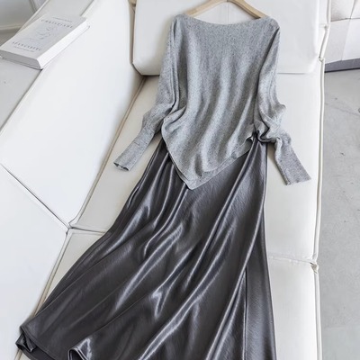 温柔两件套~不规则衣摆针织衫+高腰醋酸半身裙时尚套装女H05923