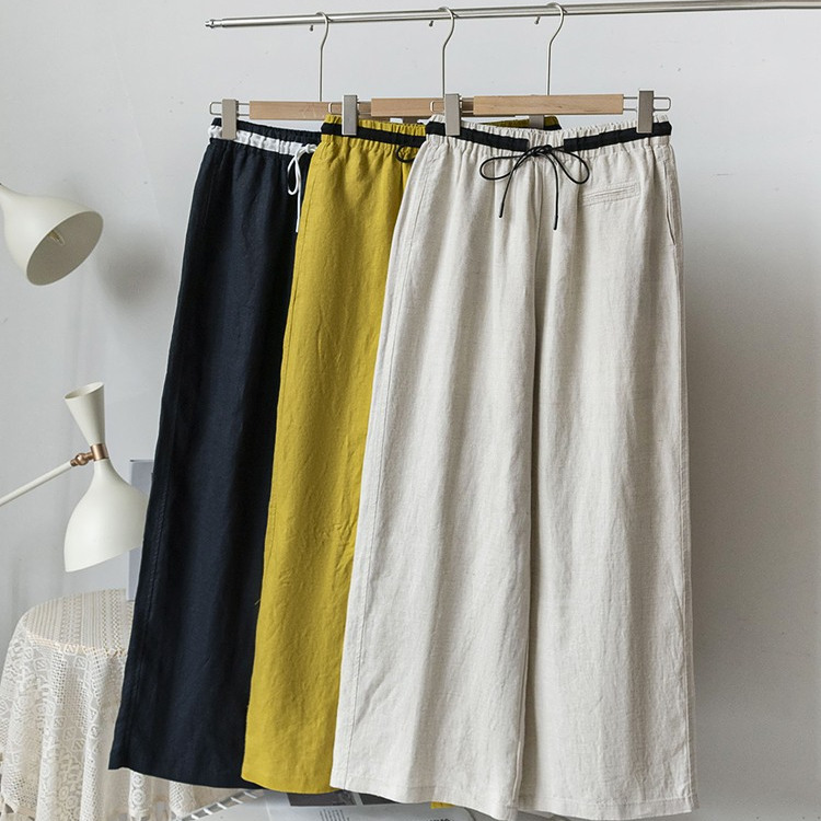 亚麻阔腿裤 舒爽透气 松紧腰撞色抽绳 一字贴袋简约休闲裤U08753