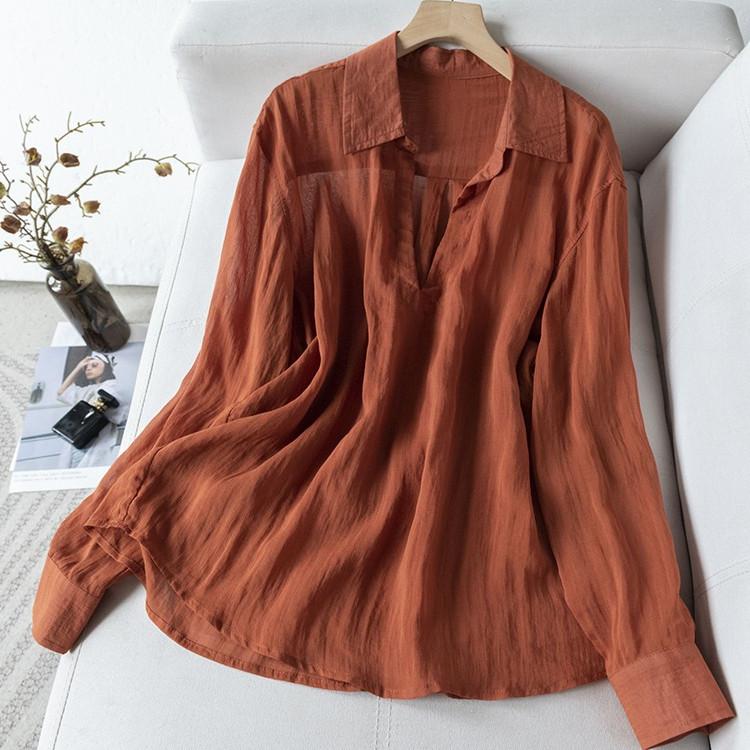清凉薄款天丝~开口翻领纯色系 自然压皱肌理宽松长袖衬衫女C48523