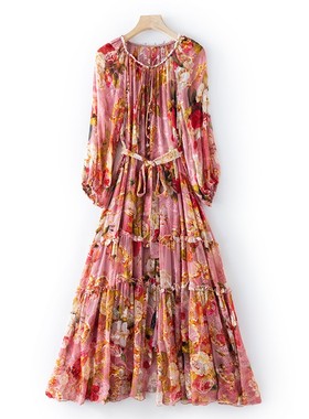 清凉桑蚕丝复古印花长款连衣裙+吊带打底F15723