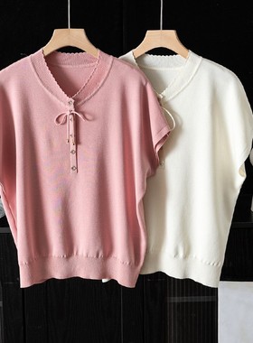 俏皮可爱蝴蝶结~清凉透气宽松显瘦V领落肩袖纯色针织衫女M18413