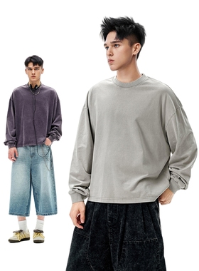 SGC美式水洗复古Boxy短宽长袖T恤男270g重磅炒盐做旧2025潮牌上衣