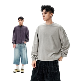 SGC美式 T恤男270g重磅炒盐做旧2025潮牌上衣 水洗复古Boxy短宽长袖