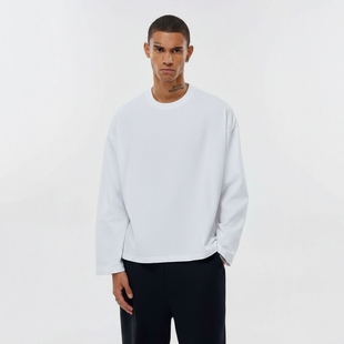 内搭男女纯棉cleanfit黑白色打底宽松T恤 长袖 新美式 Boxy短宽短款