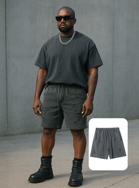 侃爷KANYE美式高街水洗破洞短裤