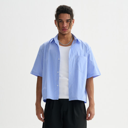 潮流美式Boxy宽松短款条纹衬衫