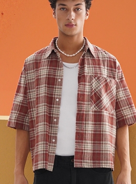 SGC美式复古短宽款格子短袖衬衫cleanfit夏潮休闲宽松T恤外套男女