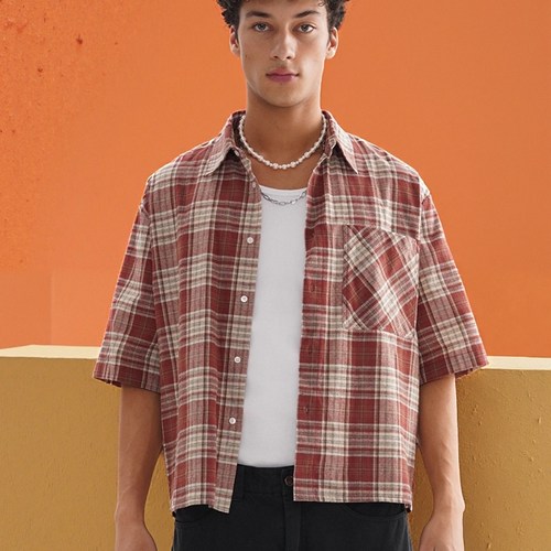 美式复古潮牌短款格子短袖衬衫