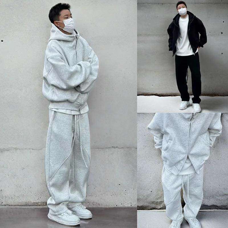 法国Anseola休闲运动套装男秋冬格雷系高级感加绒连帽外套卫衣卫,男装,休闲运动套装,淘宝优惠券,粉丝福利购,淘宝优惠卷