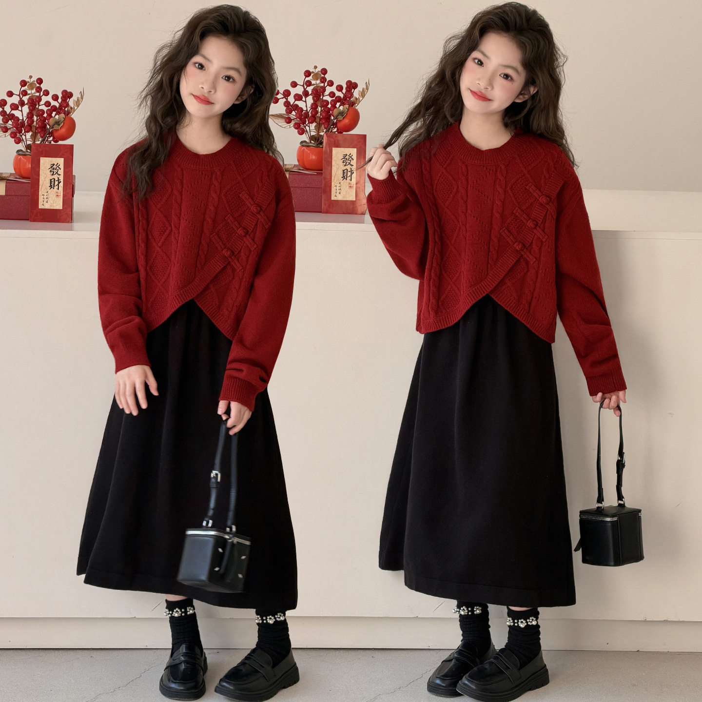 女童拜年服秋冬款2025新款中国红毛衣背心裙中大童两件套裙子套装