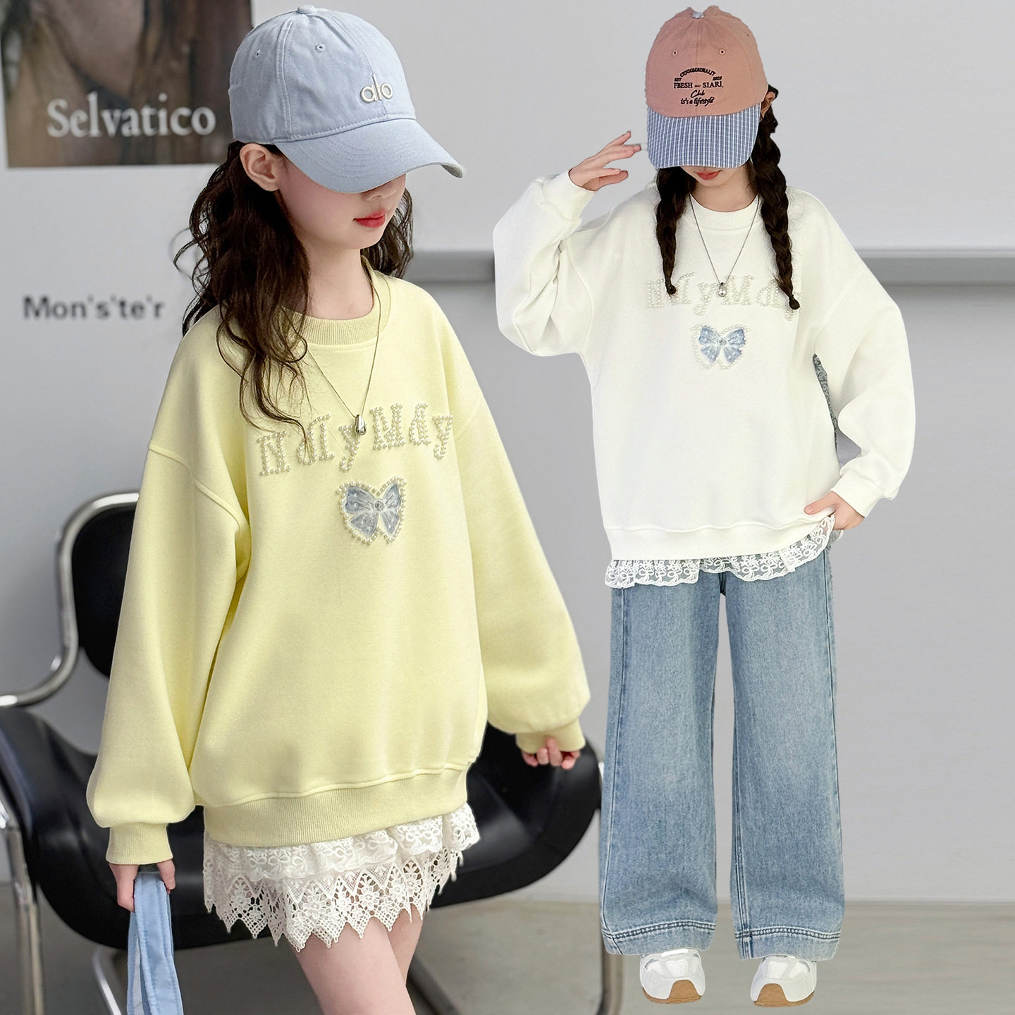 女童蝴蝶结卫衣春季2026新款儿童洋气百搭春装女孩珍珠时尚上衣