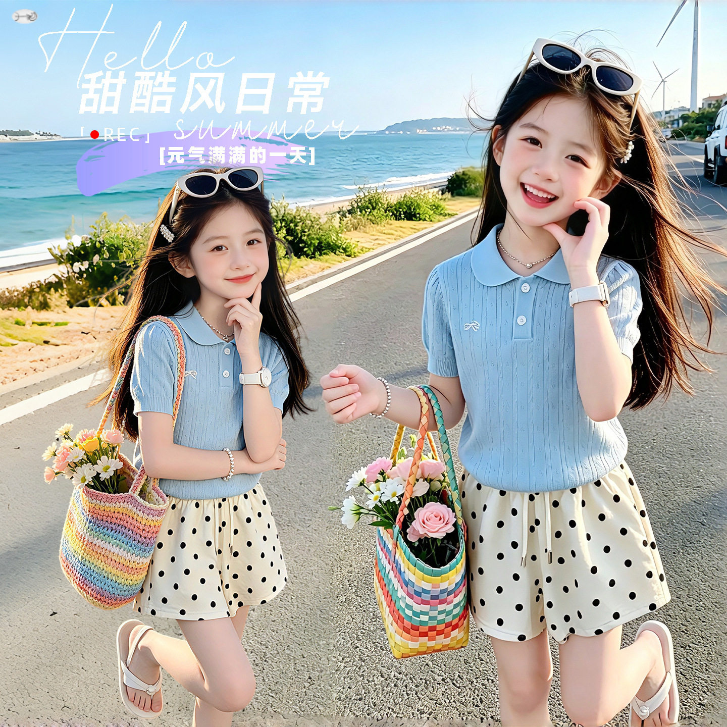 女大童2026夏季娃娃领针织衫冰丝短袖白色波点短裤两件套新款洋气