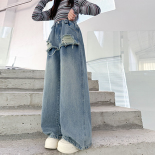 儿童秋装2025新款男女童潮酷百搭裤子青少年帅气宽松破洞牛仔裤潮