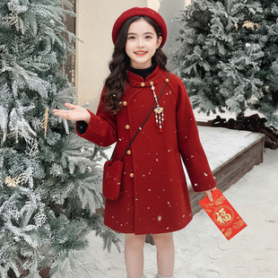 女童红色毛呢国风外套秋冬季2026新款中大儿童拜年服中长款大衣潮