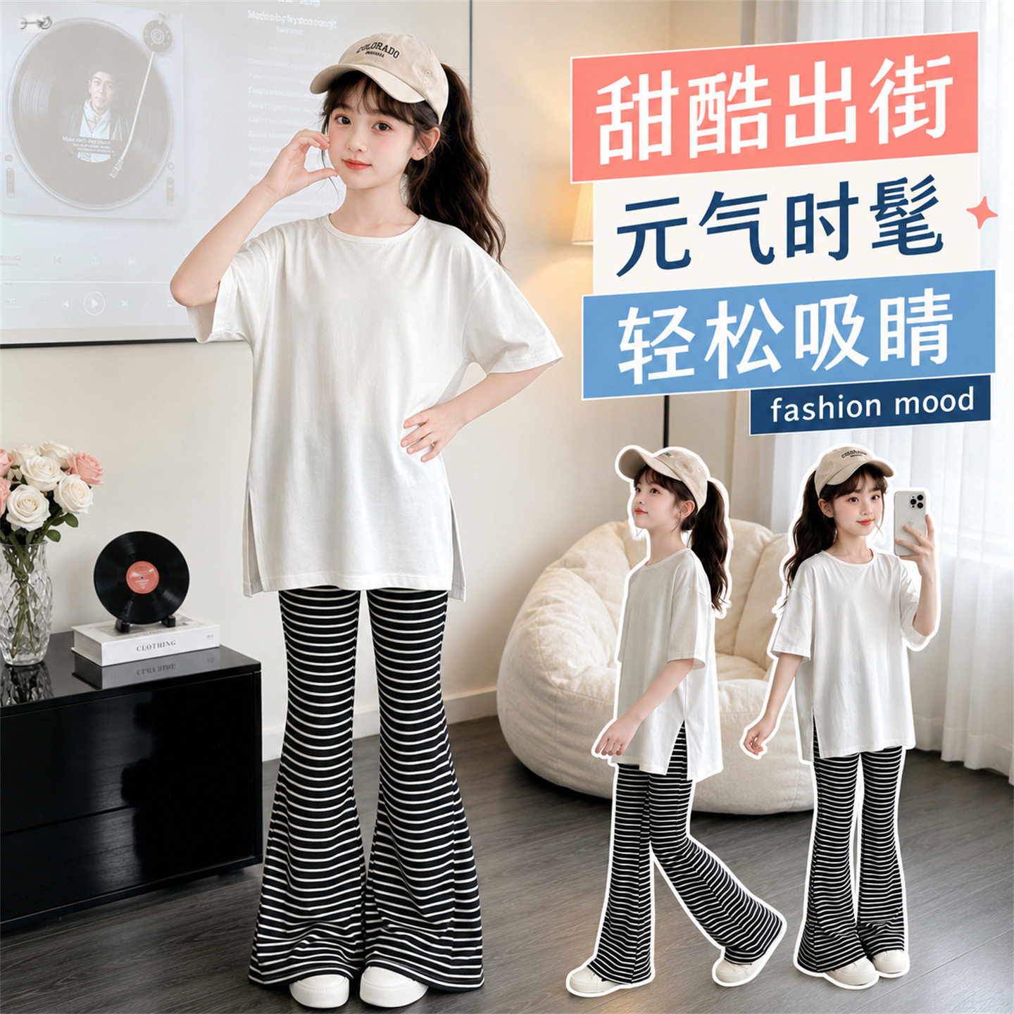 女童2026夏季套装新款洋气女孩大童韩系宽松短袖条纹喇叭裤两件套