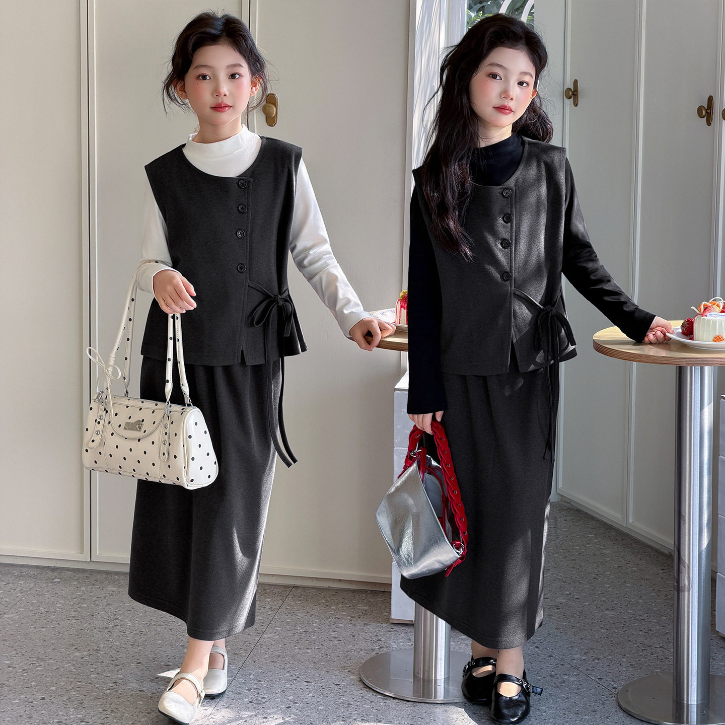 女童轻奢简约马甲长裙三件套2026春季新款中大童韩版背心打底套装