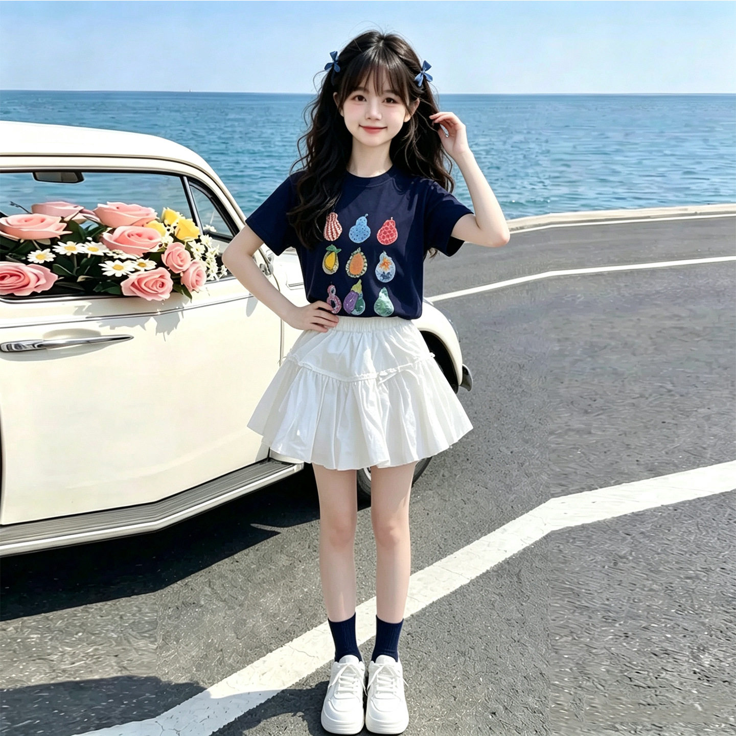 女童夏季套装2026新款中大童时尚水果印花短袖短裙可爱爆款女童裙