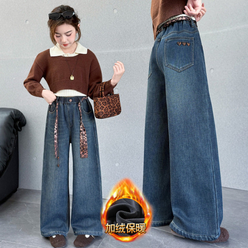 女童加绒牛仔裤2025新款女大童冬季加厚一体绒阔腿裤儿童直筒裤子