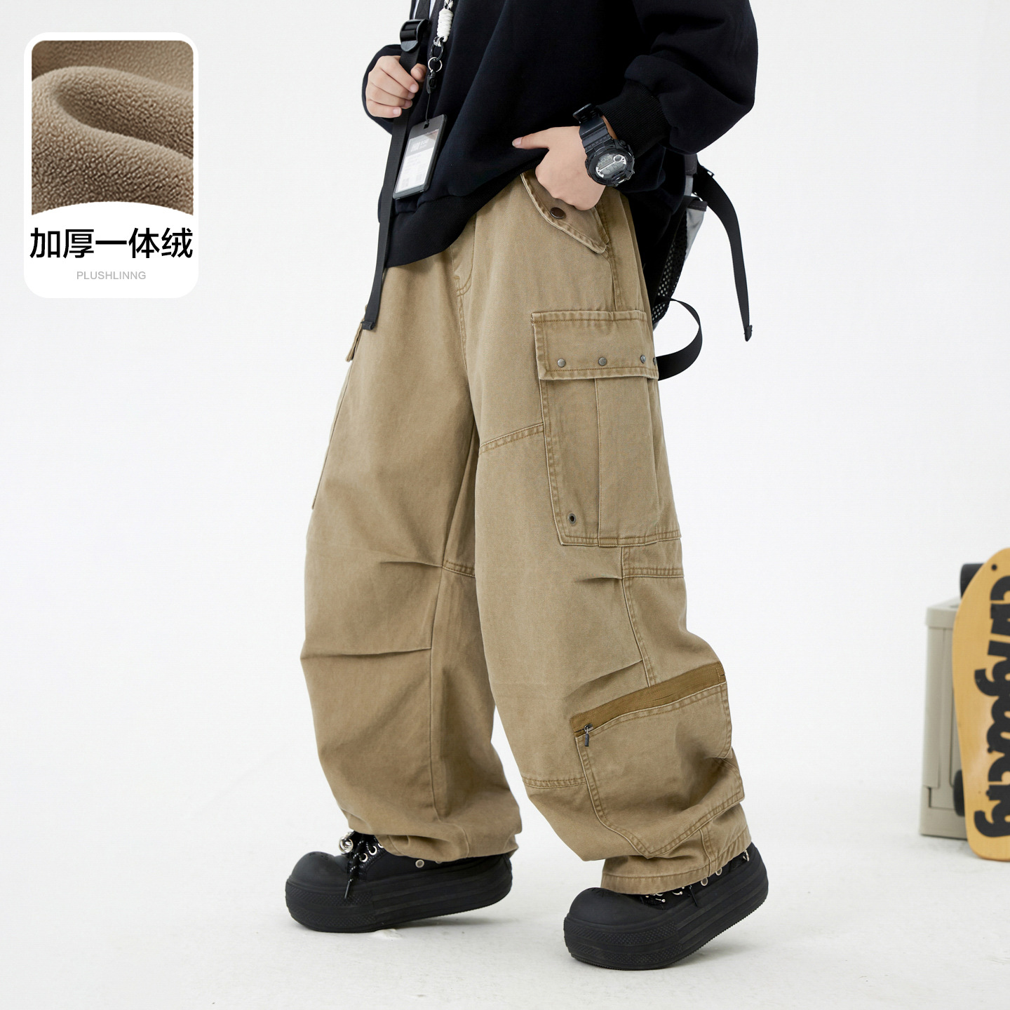 男童秋冬户外卡其色伞兵工装裤2025新款儿童男孩加绒直筒阔腿裤子