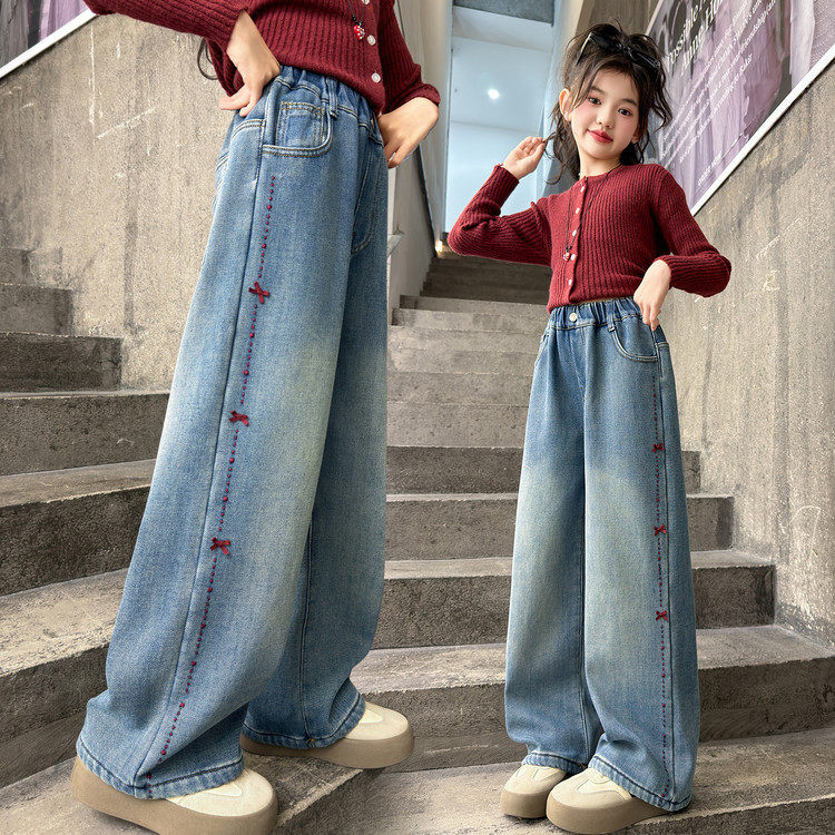 女童春秋款牛仔裤2026新款韩版中大童女孩休闲洋气直筒百搭阔腿裤