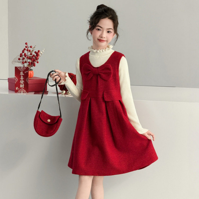 女生年服背心连衣裙秋冬季新款中大童红色洋气加绒公主裙过年裙子