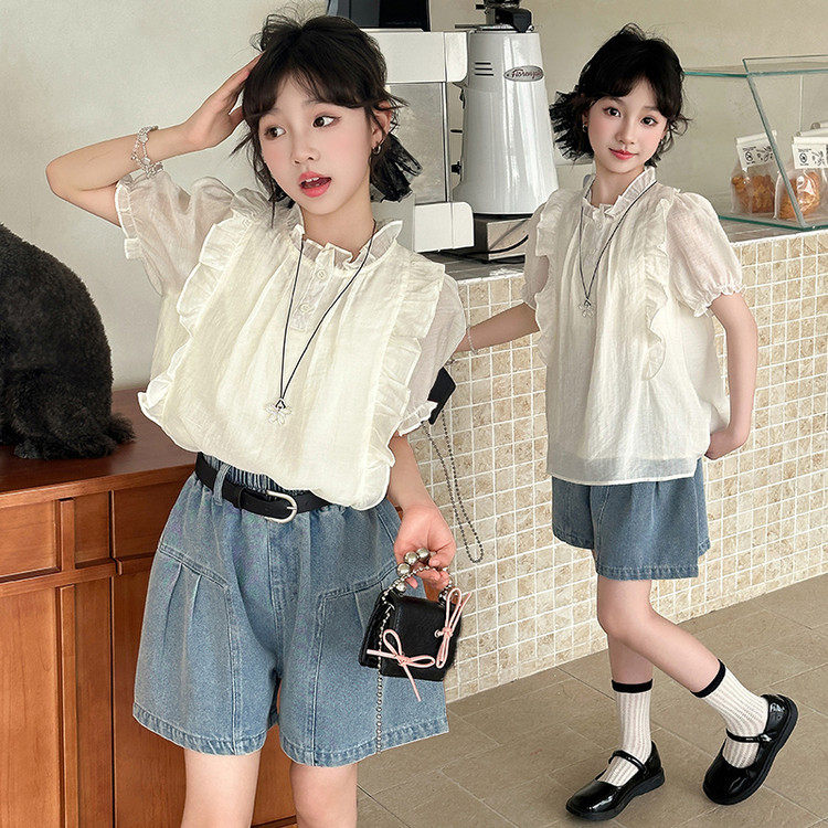 女童夏装套装2026新款女大童夏季韩系短袖T恤儿童牛仔短裤两件套