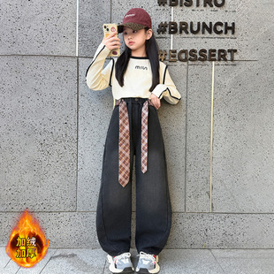 女童加绒工装裤2025新款初中生弯刀裤女大童秋冬款女孩时尚牛仔裤