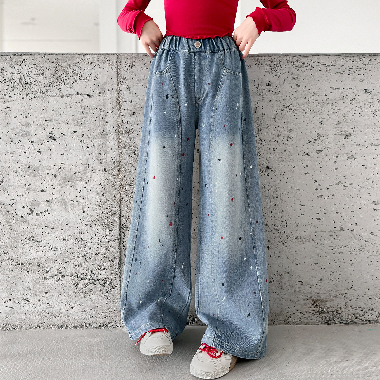 女童春装裤子2026新款韩版网红儿童涂鸦牛仔阔腿裤休闲春秋直筒裤