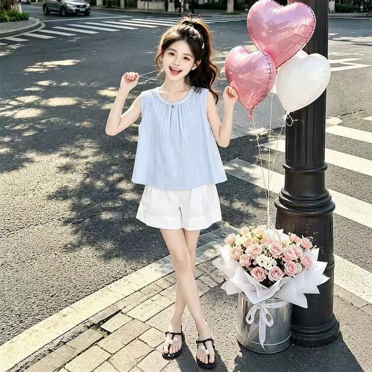 女童夏套装2026新款韩系洋气时髦女孩中大童蓝色无袖款短裤两件套