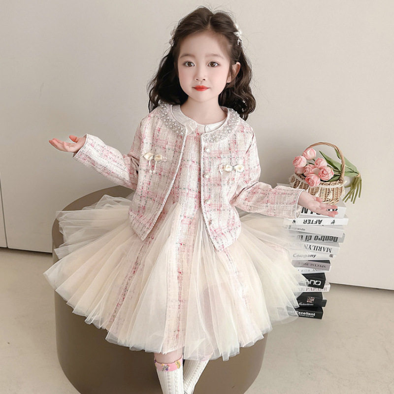 女童珍珠领小香风套装春秋2026款长袖格纹外套网纱拼接背心裙童装
