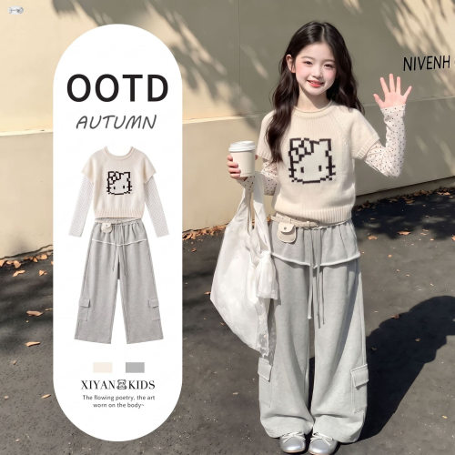 女童针织马甲三件套2026新款洋气小女孩卡通打底衫运动裤套装潮酷
